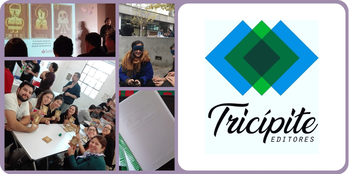 Collage de fotos con actividades de Tricípite. A la derecha el logo de Tricípite Editores