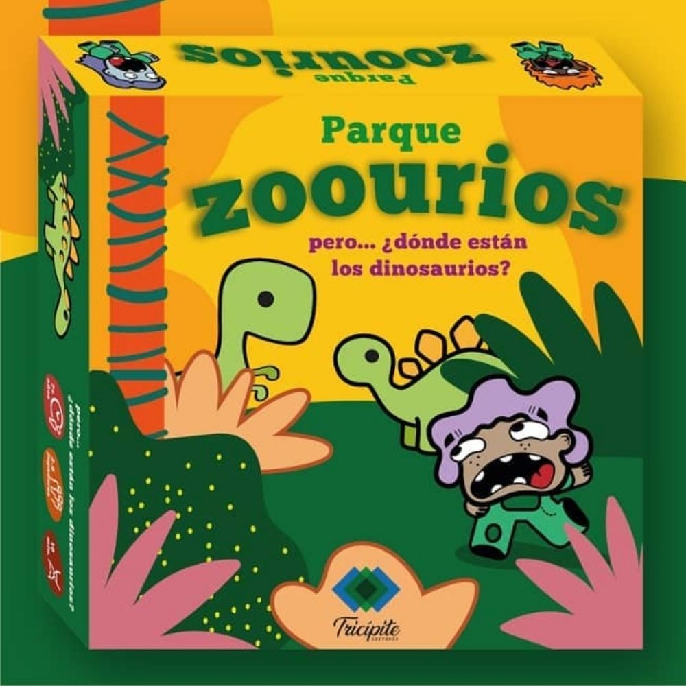 Foto de la caja del juego, que dice: Parque Zoourio pero ... ¿dónde están los dinosaurios?. Ilustraciones de dinosaurios y un niño, colores verde y amarillo principalmente.